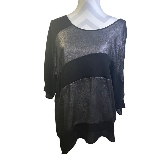 Silence + Noise Womens Metallic Sheer Black & Silver Tunic Top L - Picture 2 of 7